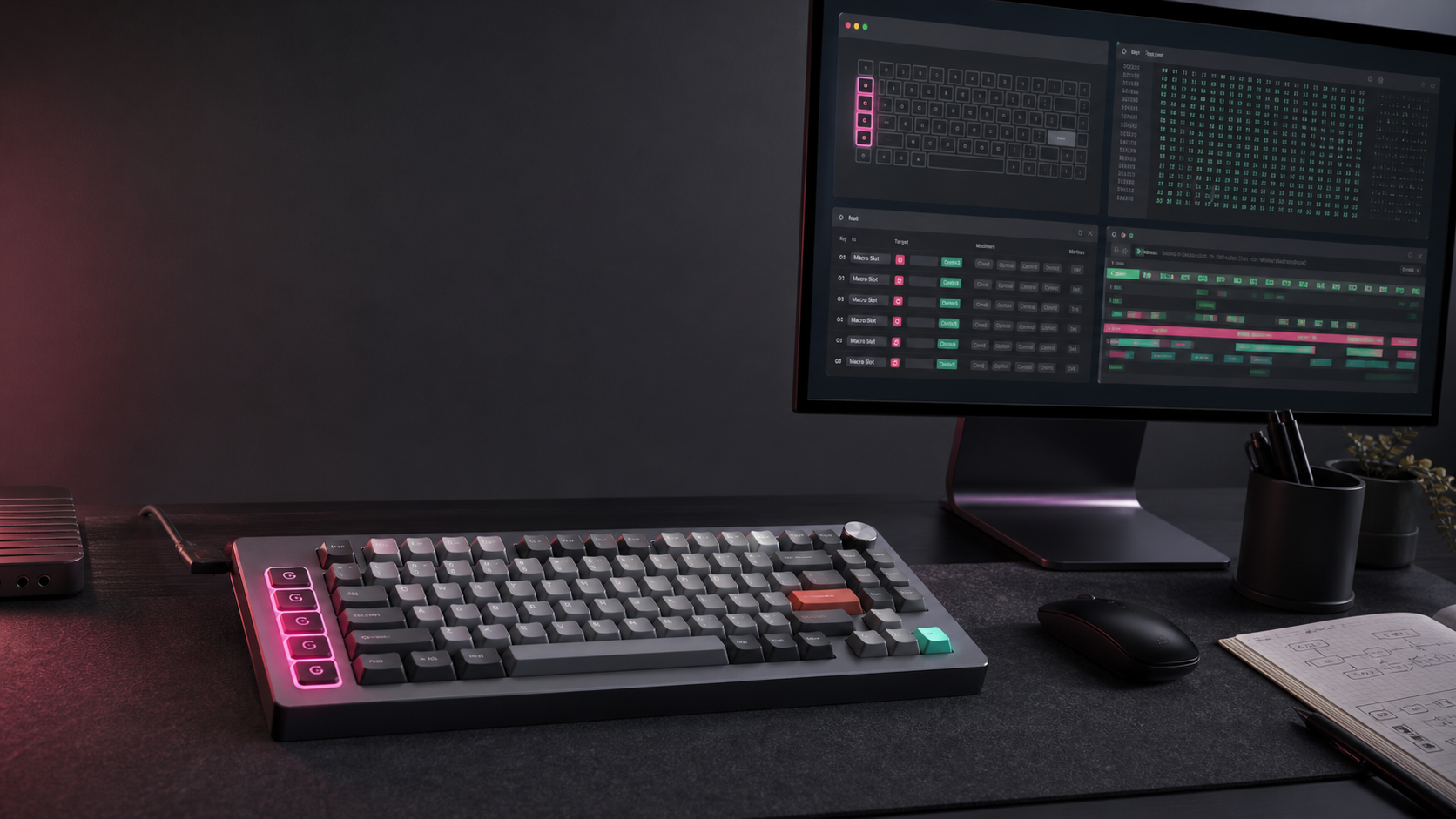A generated editorial image of a NuPhy Field75-style keyboard connected to a Mac with HID packet traces and a remapping app on screen.